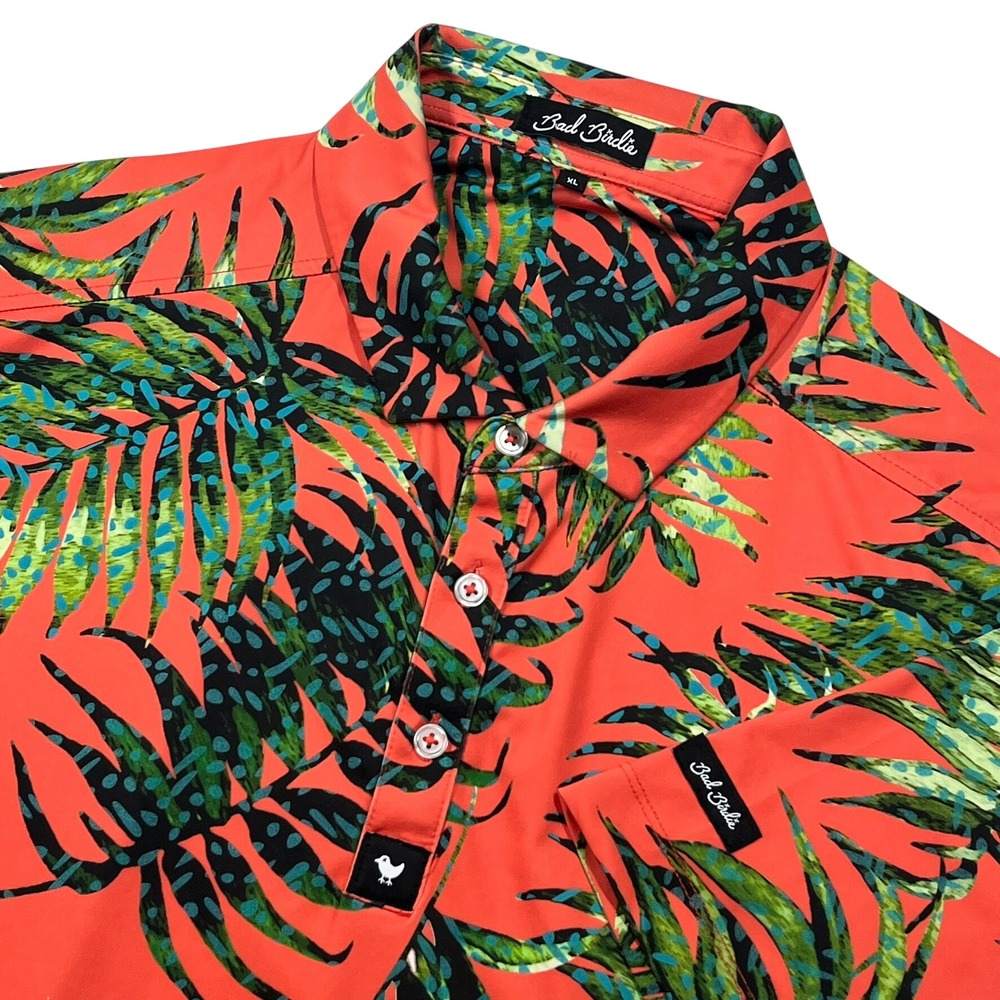 Bad Birdie Golf Polo Mens XL Coral Orange Tropical Palm Leaf Performance Shirt